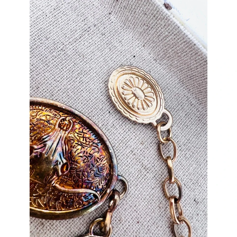 Vintage Western Longhorn Steer Skull Concho Chain Belt Gold Iridescent Patina